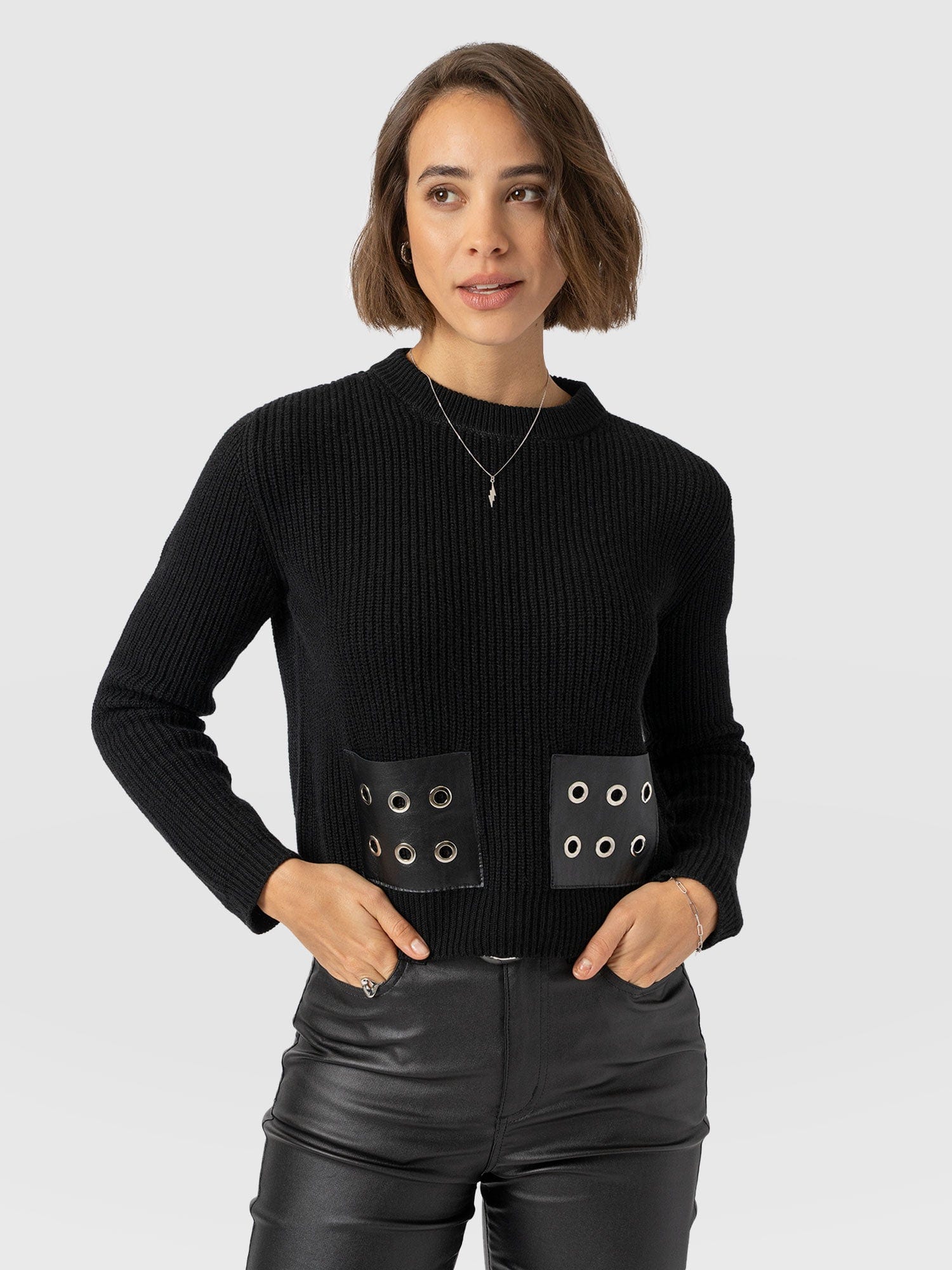 Eyelet Rib Knit Jumper Black - Women's Jumpers | Saint + Sofia® UK
